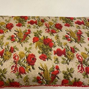 Vintage table cloth red flowers/ vases with variations of green.